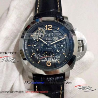Perfect Replica Panerai Luminor Tourbillon Moon Phases Equation Of Time GMT 44MM Watch  - 316L SS Case Hollow Dial Black Leather Strap